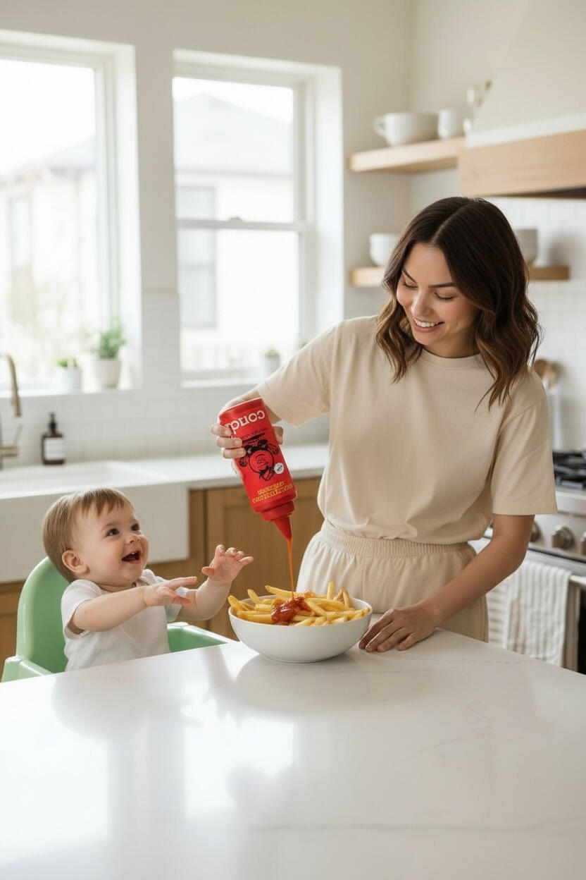 Yoga Condi Young mother and toddler in a modern kitchen using Condi gut-friendly ketchup for a healthy family meal.