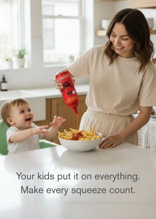 Mom and Baby Close-up of Mom and baby in the kitchen drizzling Condi organic ketchup on a bowl of fries representing gourmet flavor and microbiome health.